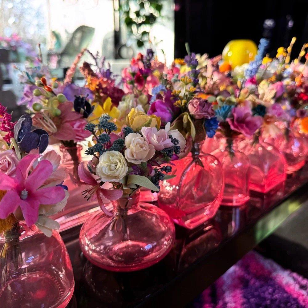 Lot Of 24 Custom Wedding Pink Glass Bud Vases Bundle One-Of-A-Kind With Flowers